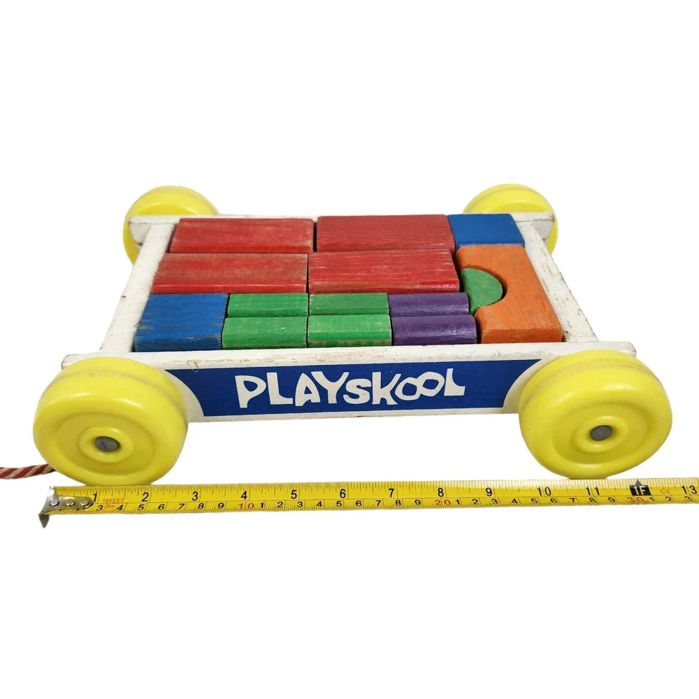 Vtg 70s Playskool Pull Toy Wooden Wagon w Complete Set Of Colorful Wooden Blocks